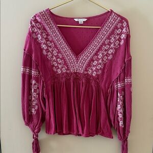 American Eagle Long Sleeve Embroidered Peasant Top